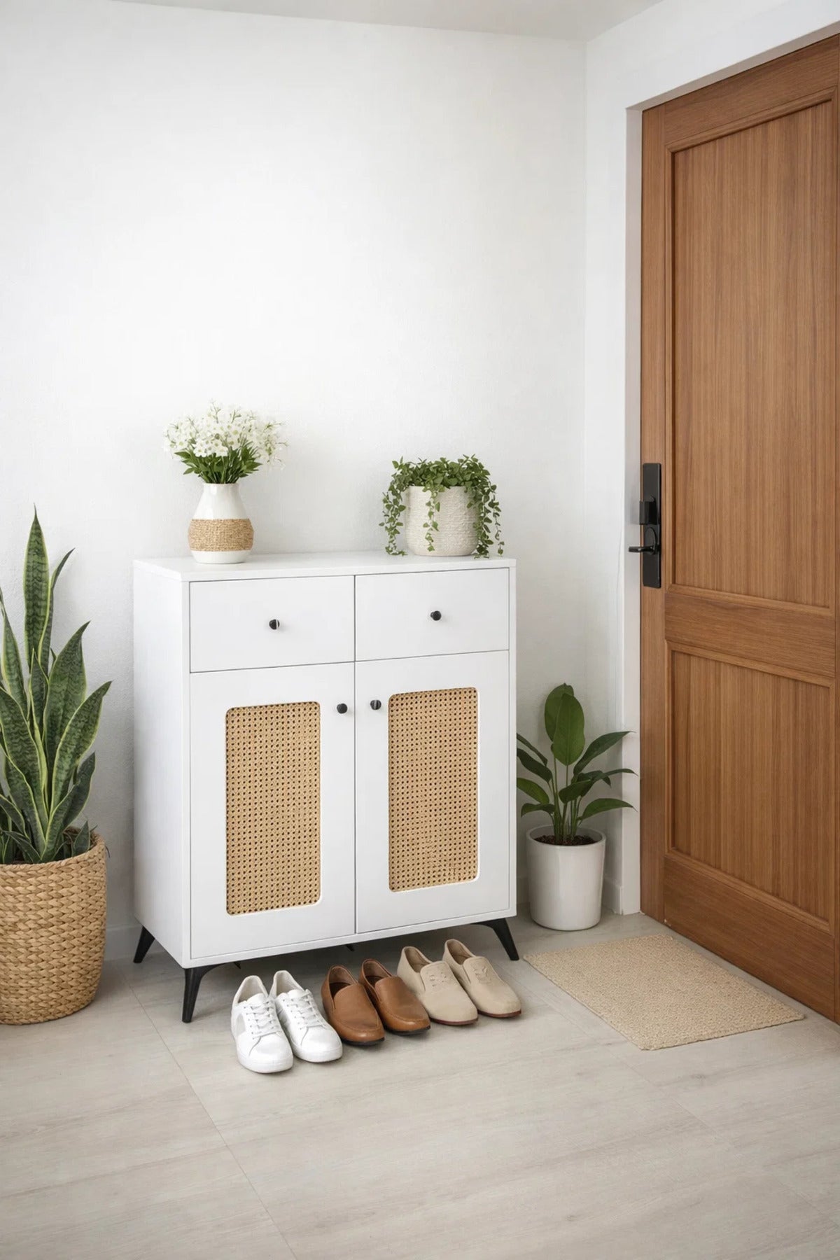 White Rattan Shoe Cabinet with Drawers - Modern Boho Storage Console for Entryway Living Room