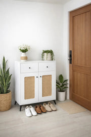 White Rattan Shoe Cabinet with Drawers - Modern Boho Storage Console for Entryway Living Room