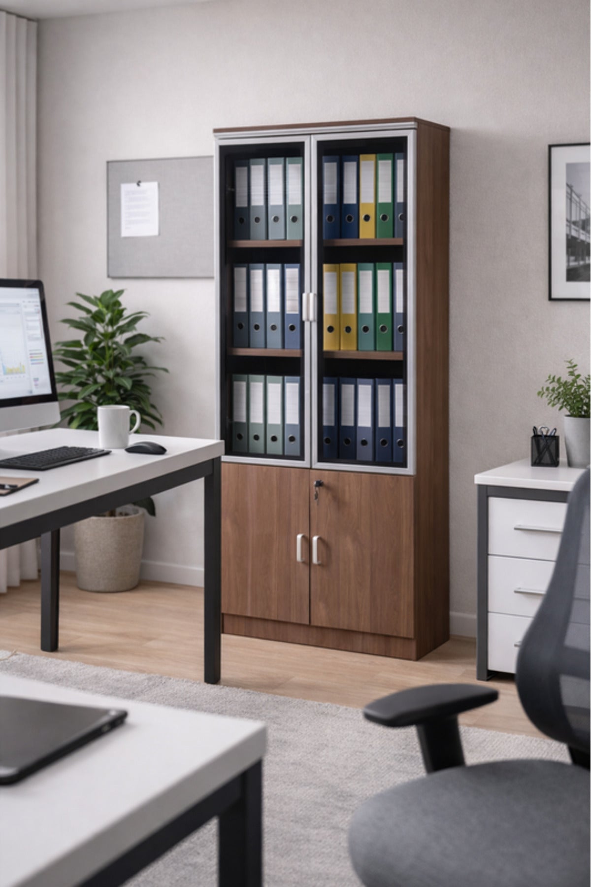 Modern Light Brown Storage Cabinet Glass Display Doors Wooden Office File Organizer Cupboard 190cm