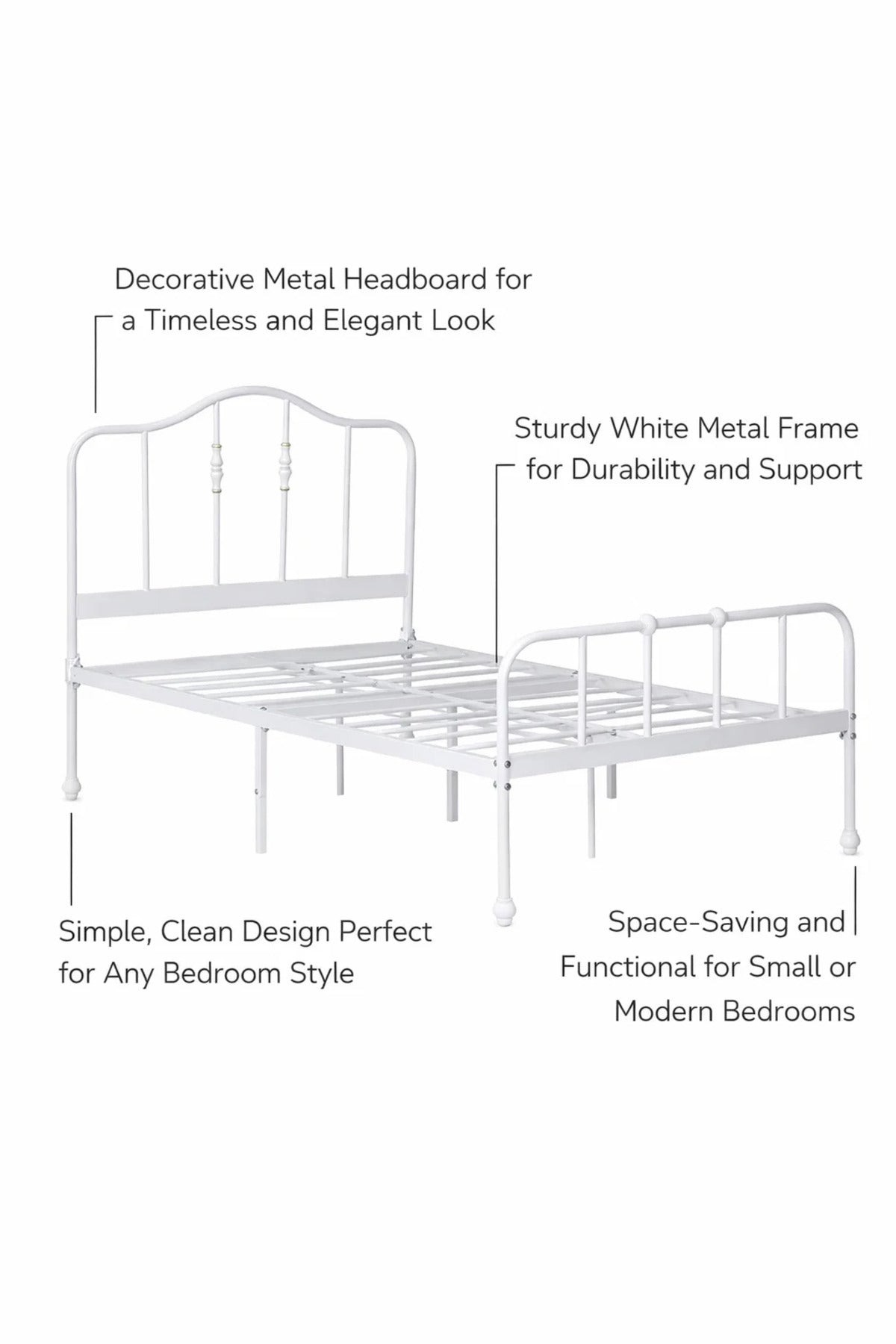 Modern White Metal Single Bed Frame 120x190cm Strong Iron Base with Stylish Gold Spindle Details