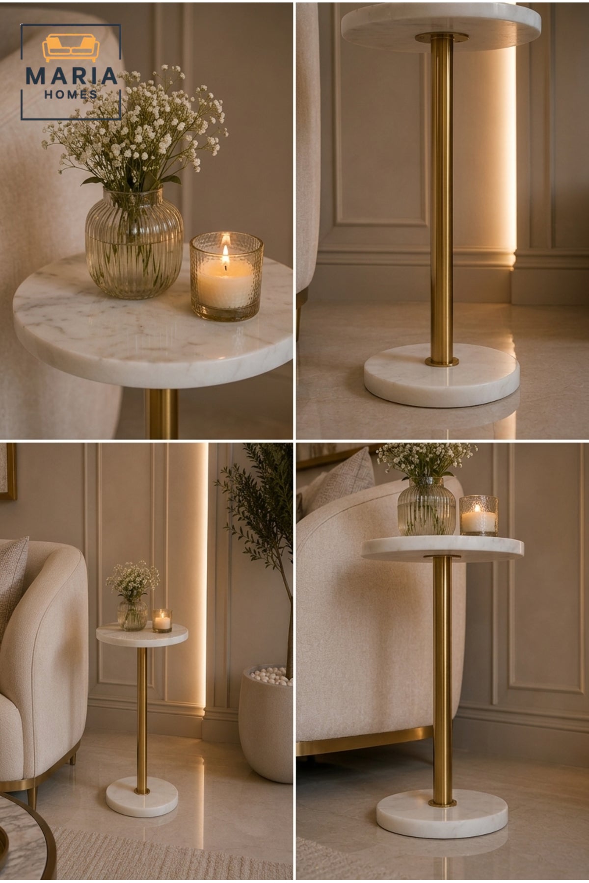 Luxury Marble Side Table Gold Metal Frame Round Accent Table for Living Room Bedroom