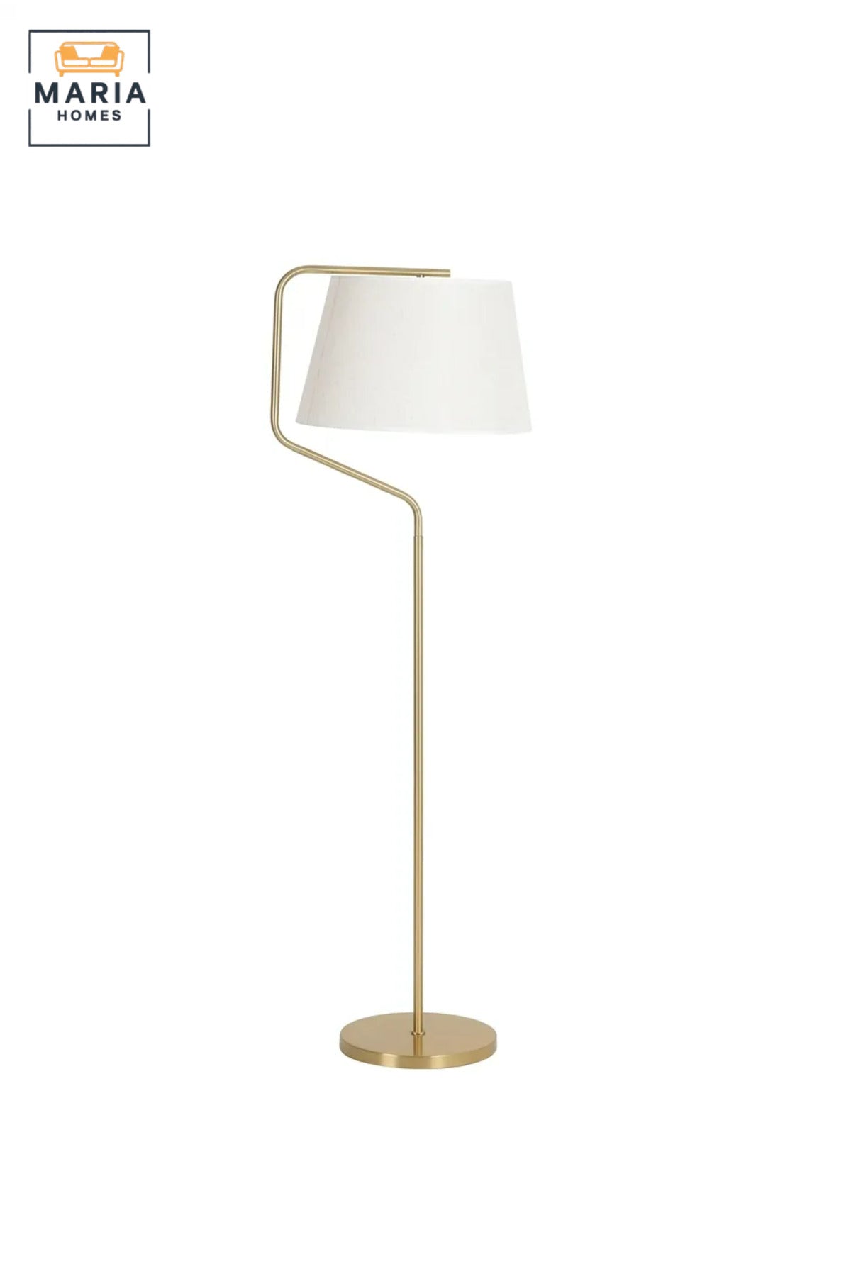 Modern Brass Floor Lamp with Fabric Drum Shade and Curved Frame, Elegant Standing Light for Living Room, Bedroom, Reading Corner and Home Office
