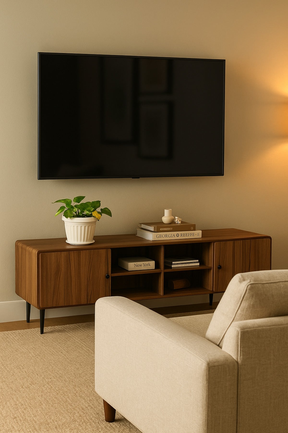 Modern Walnut TV Cabinet 163_40_54 cm Wooden Entertainment Unit with Open Shelves and Side Cabinets