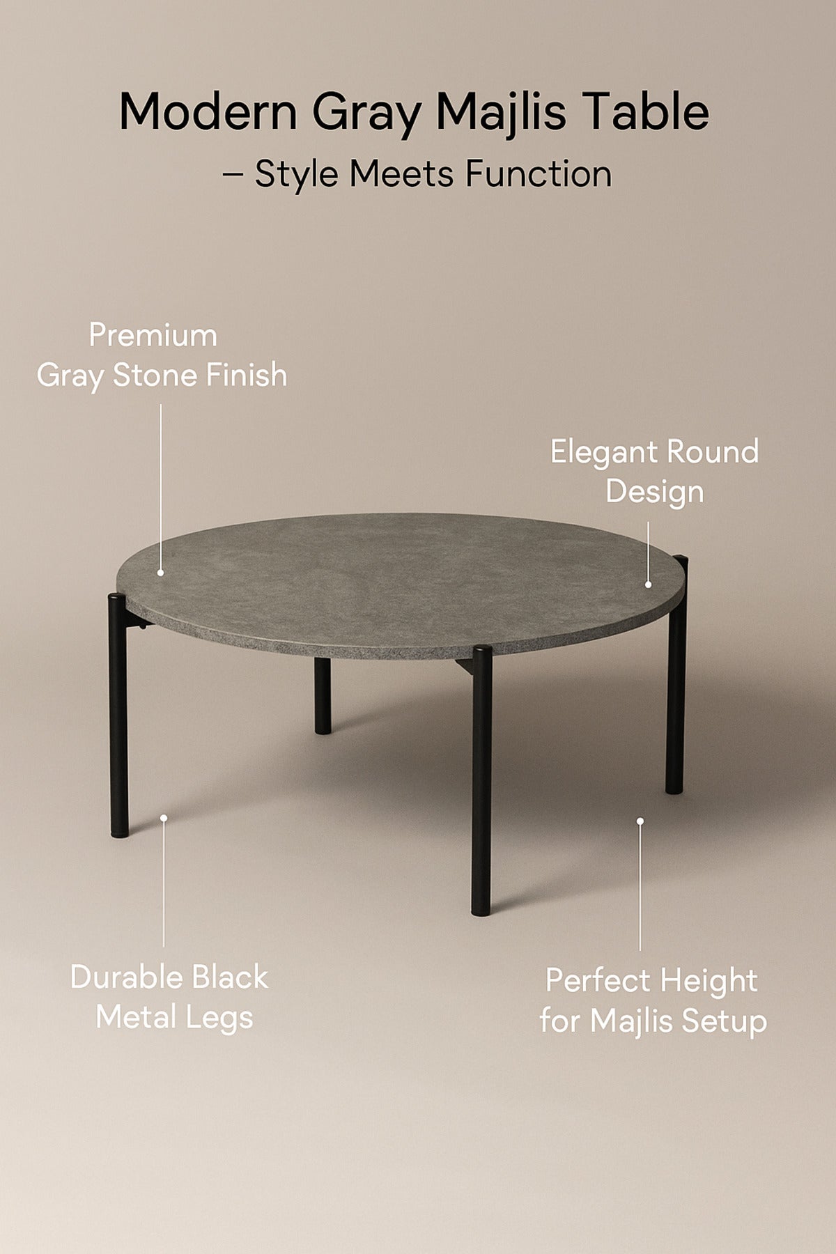 Minimalist Round Coffee Table in Gray with Black Metal Legs Ð Modern Center Table 80_30 cm
