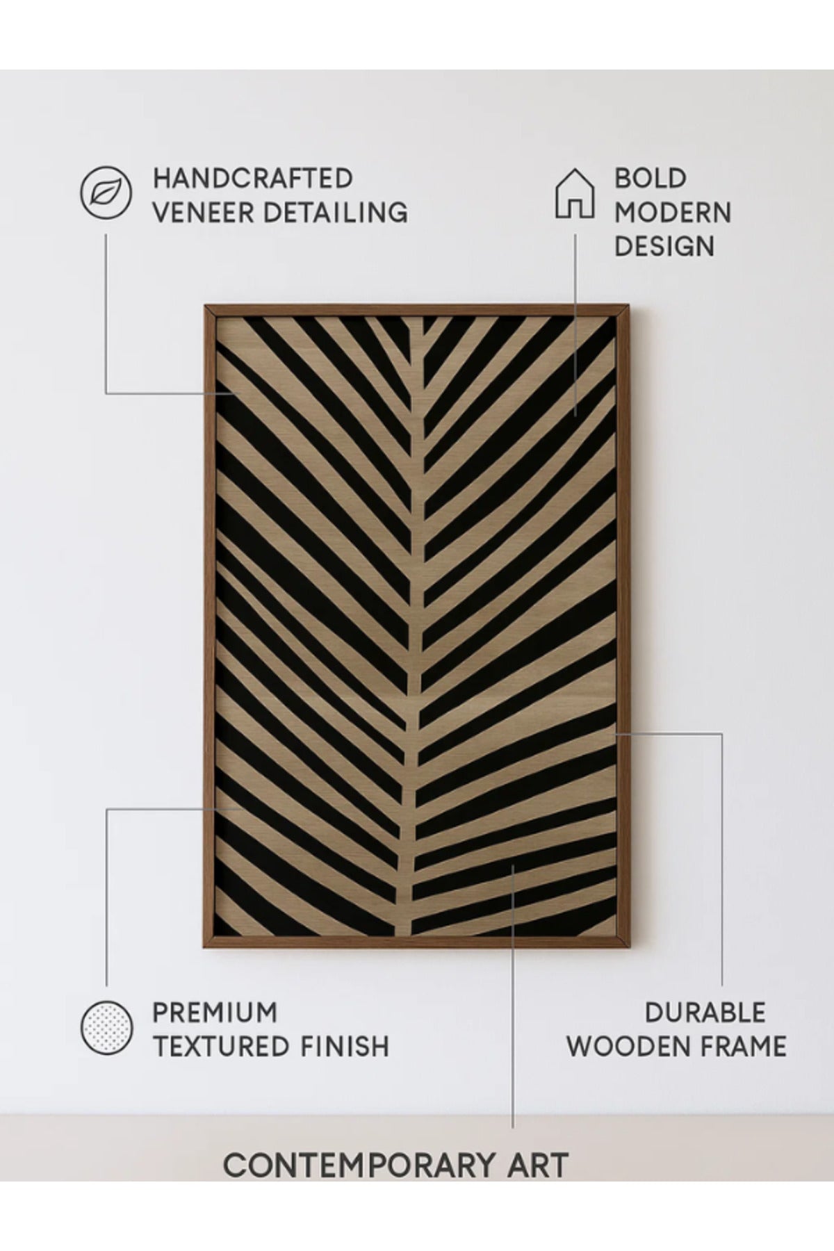 3D Black & Veneer Palm Leaf Wall Art with Wooden Frame Ð 120_80 cm