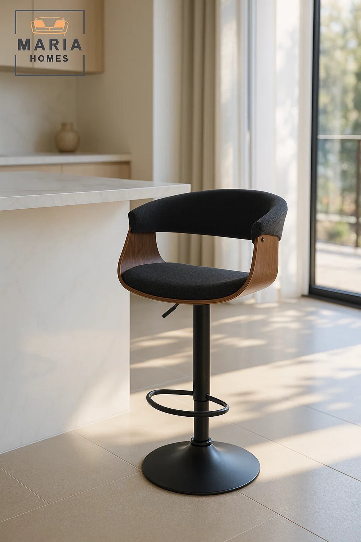Modern Black Adjustable Bar Stool with Footrest, Swivel High Chair for Kitchen Island & Home Bar
