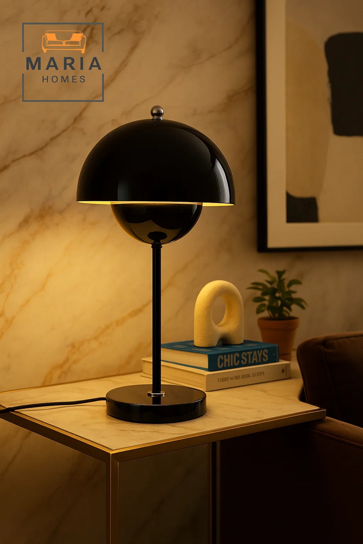 Glossy Black Dome Table Lamp