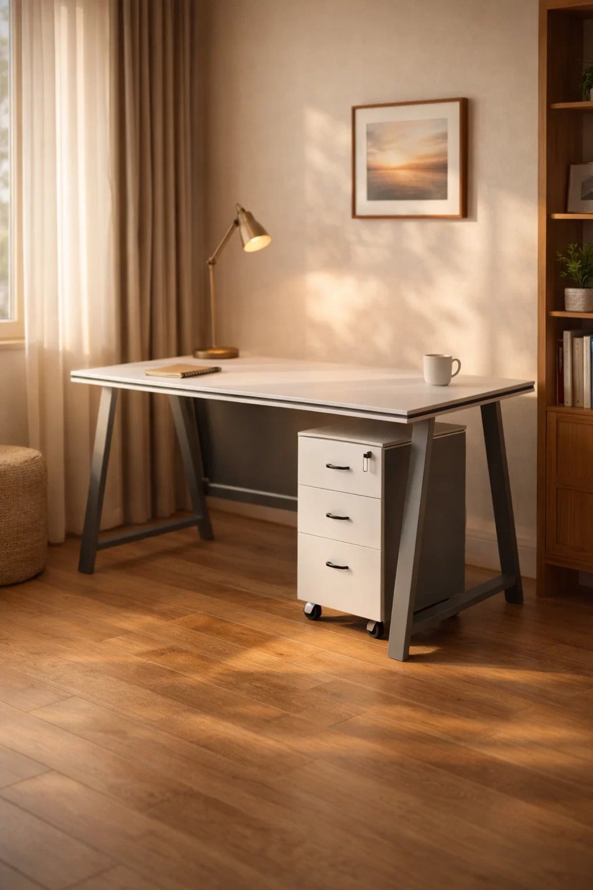 Stylish 100cm Office Desk with Lockable Mobile Drawer Unit Modern Workstation Grey Metal Frame