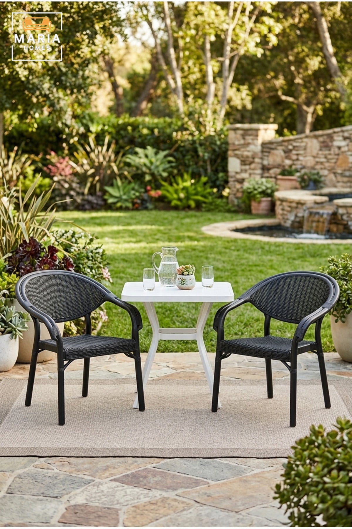 Modern Black Rattan Outdoor Armchair – Woven Patio Dining Chair with Armrests for Garden, Balcony & Café