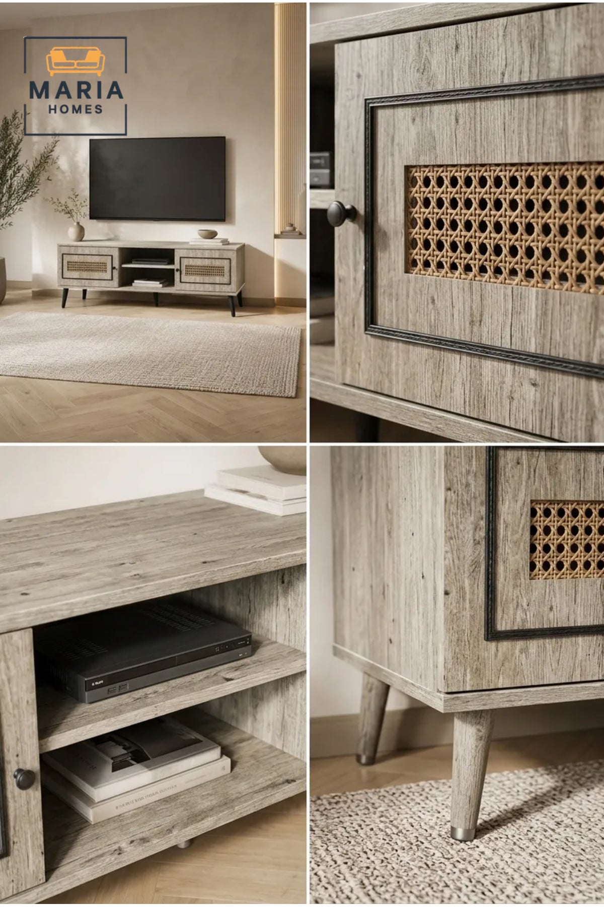 Modern Rattan TV Unit 180 _ 40 _ 45 cm √ê Wooden Entertainment Center with Storage Cabinets and Open Shelves