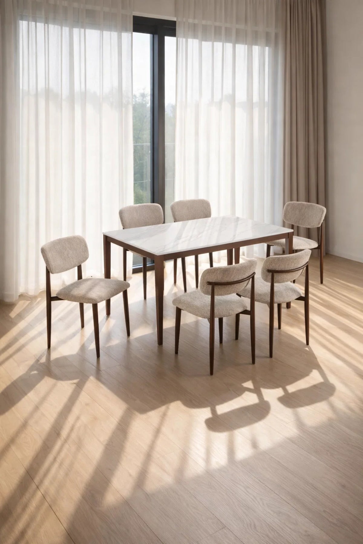 Luxury 6-Person Dining Table Set Faux Marble Top with Upholstered Fabric Chairs Brown Legs