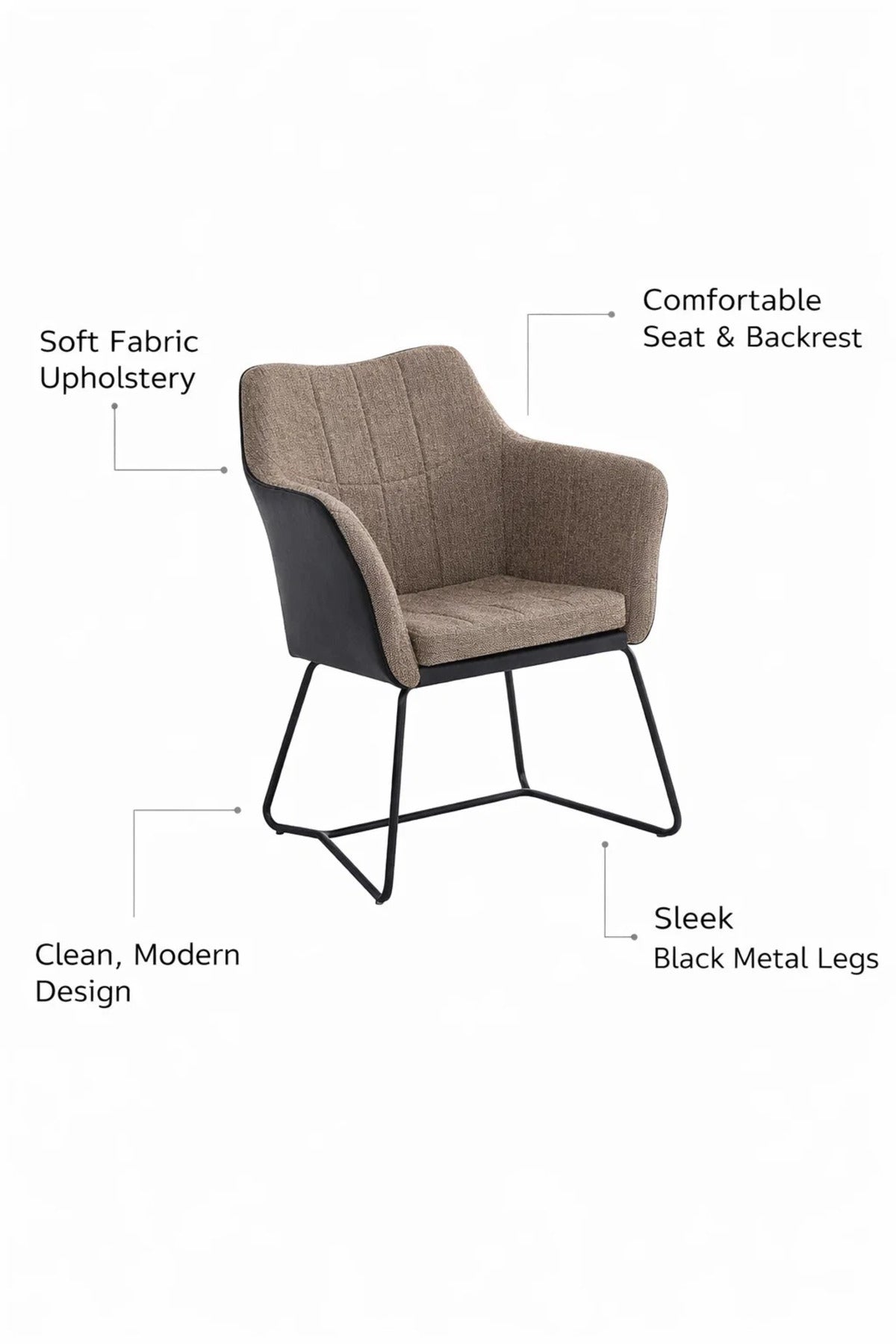Premium Brown Fabric and Black Leather Dining Armchair with Metal Legs for Modern Living Room Decor