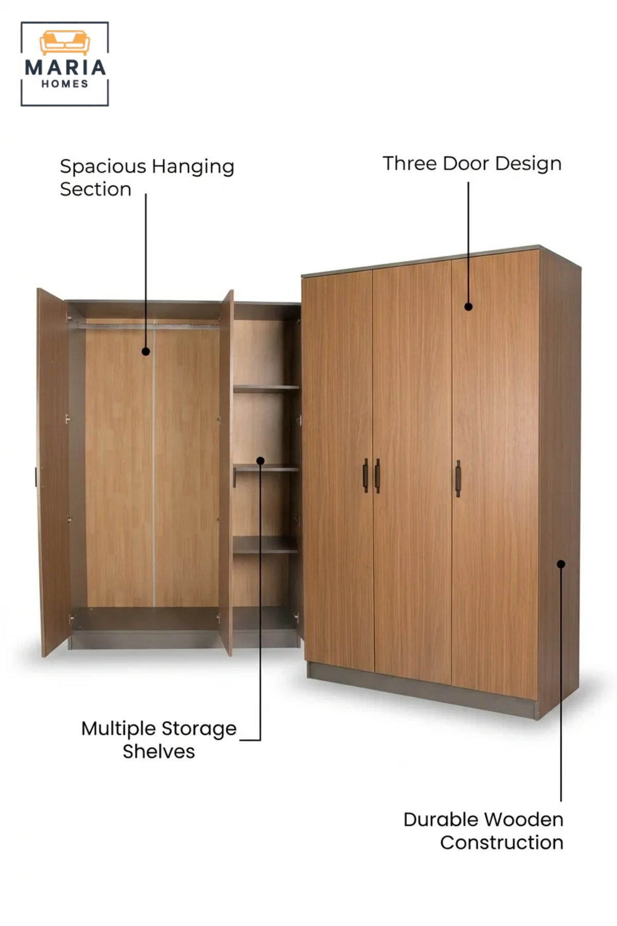 Modern 3-Door Wooden Wardrobe with Hanging Rail and Storage Shelves, Freestanding Bedroom Closet for Clothes, Accessories and Linen Organization