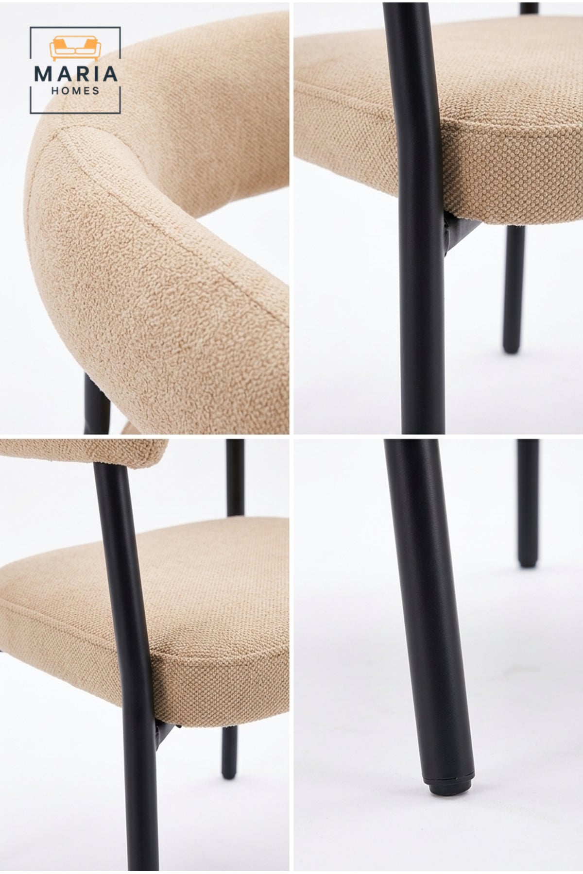 Modern Beige Upholstered Dining Chair with Curved Backrest & Metal Legs for Dining Room