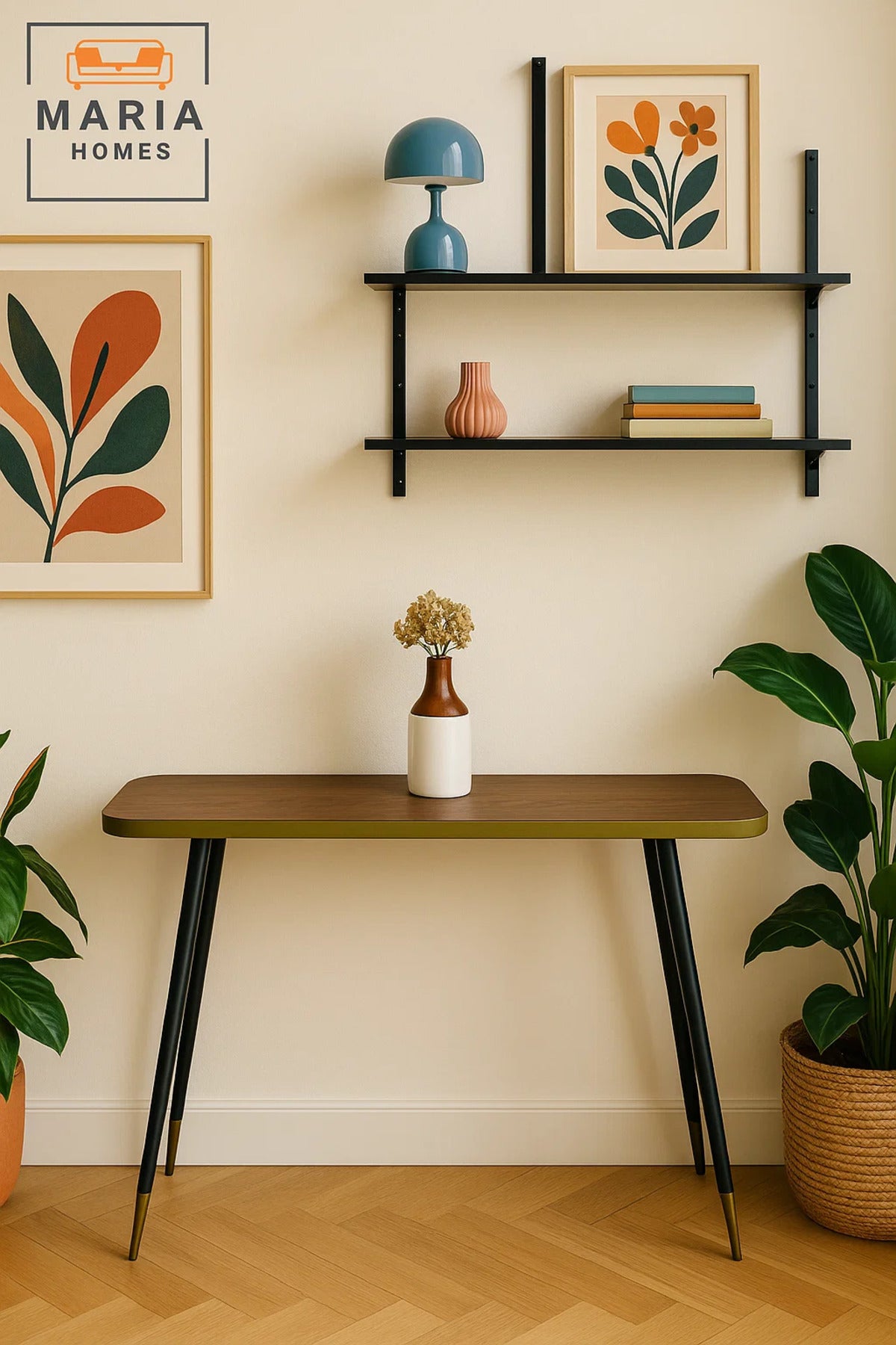 Mid-Century Modern Console Table 120x40x75cm Ð Walnut Top with Gold Accent and Tapered Legs