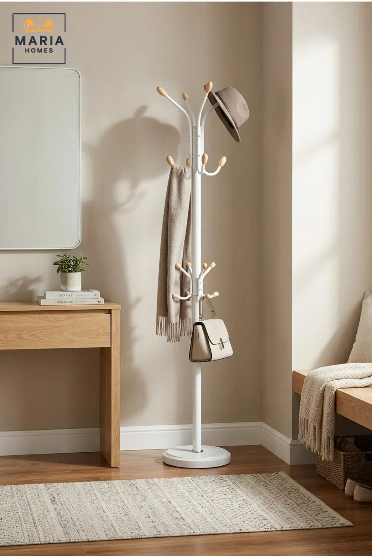 Freestanding Coat Rack with Multiple Hooks and Round Base, Floor-Standing Clothes Hanger for Jackets, Hats, Bags, Scarves, Bedroom and Entryway
