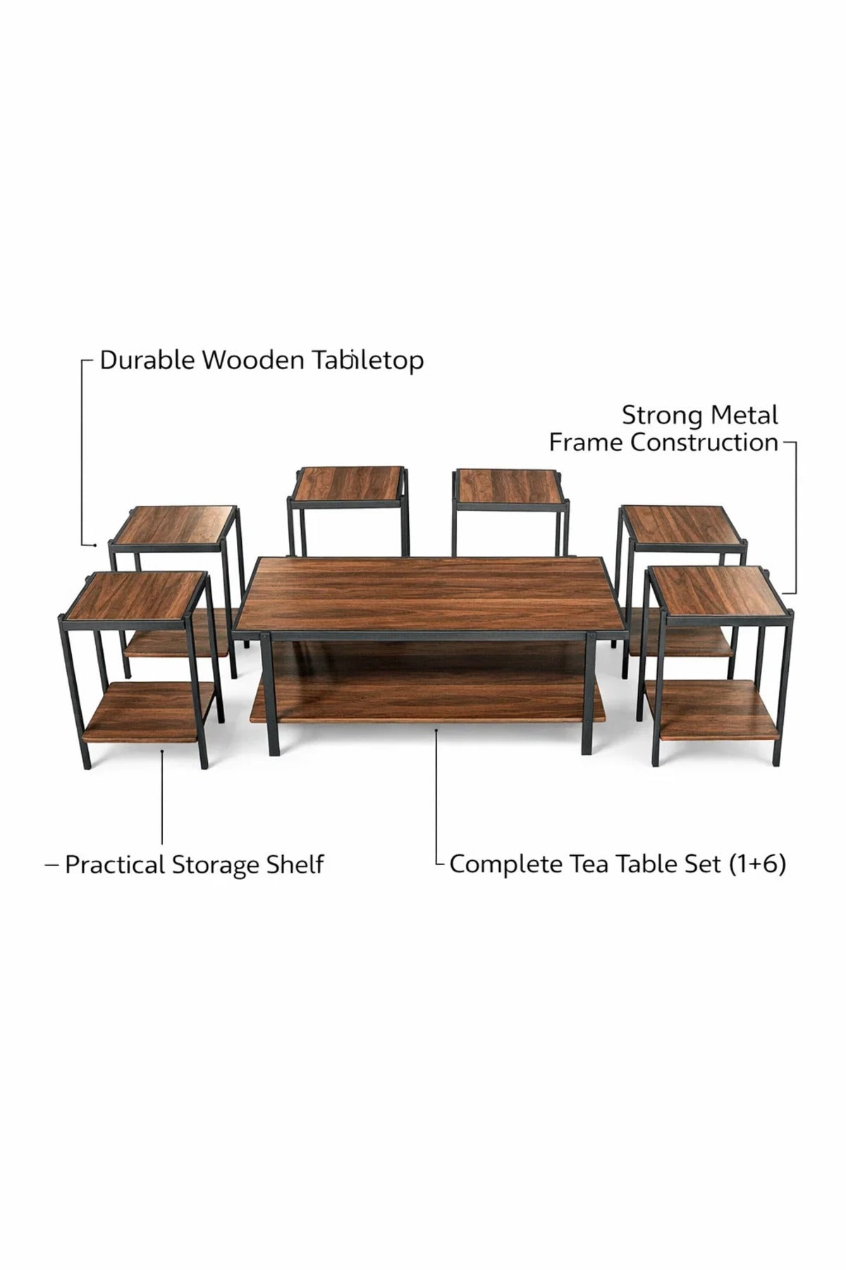 Modern Brown Coffee Table Set with 6 Side Tables and Shelf modern brown coffee Center