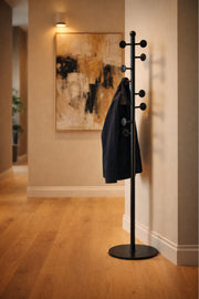 Premium Black Metal Floor Standing Coat Hanger with Disk Hooks for Home and Office Entryway Use