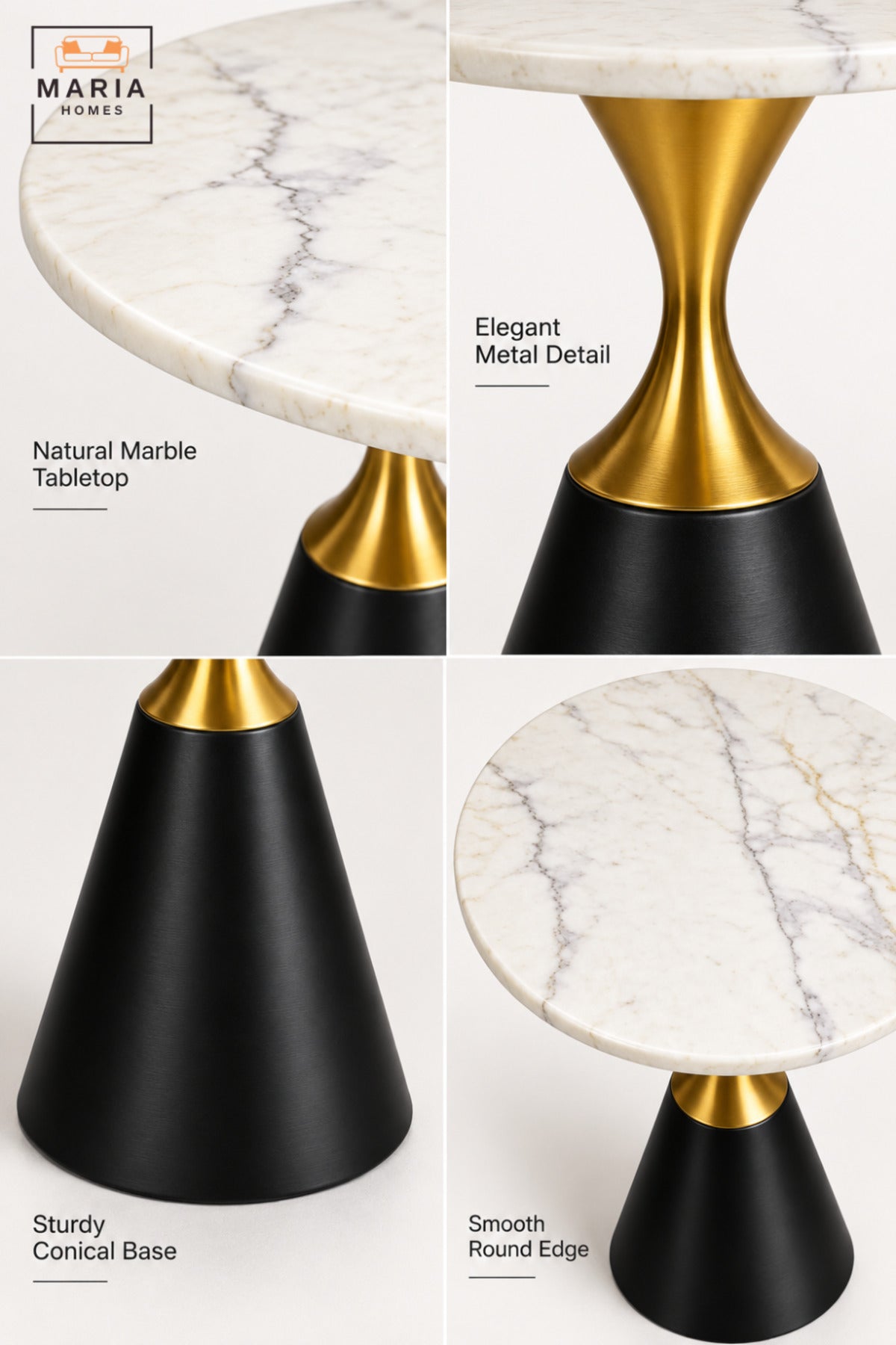 Modern Round Side Table with White Marble-Effect Top, Black Cone Pedestal Base and Gold Accent for Living Room & Bedroom – 60 × 67.5 CM