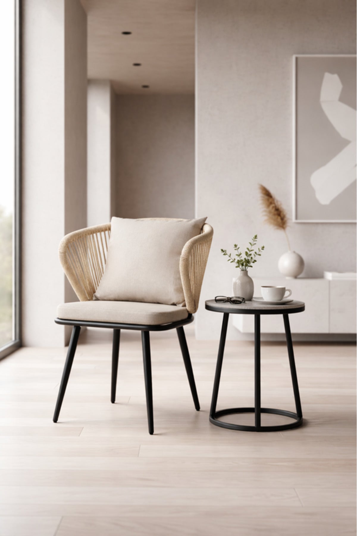 Modern Beige Rope Style Dining Chair with Cushion and Metal Legs modern beige rope