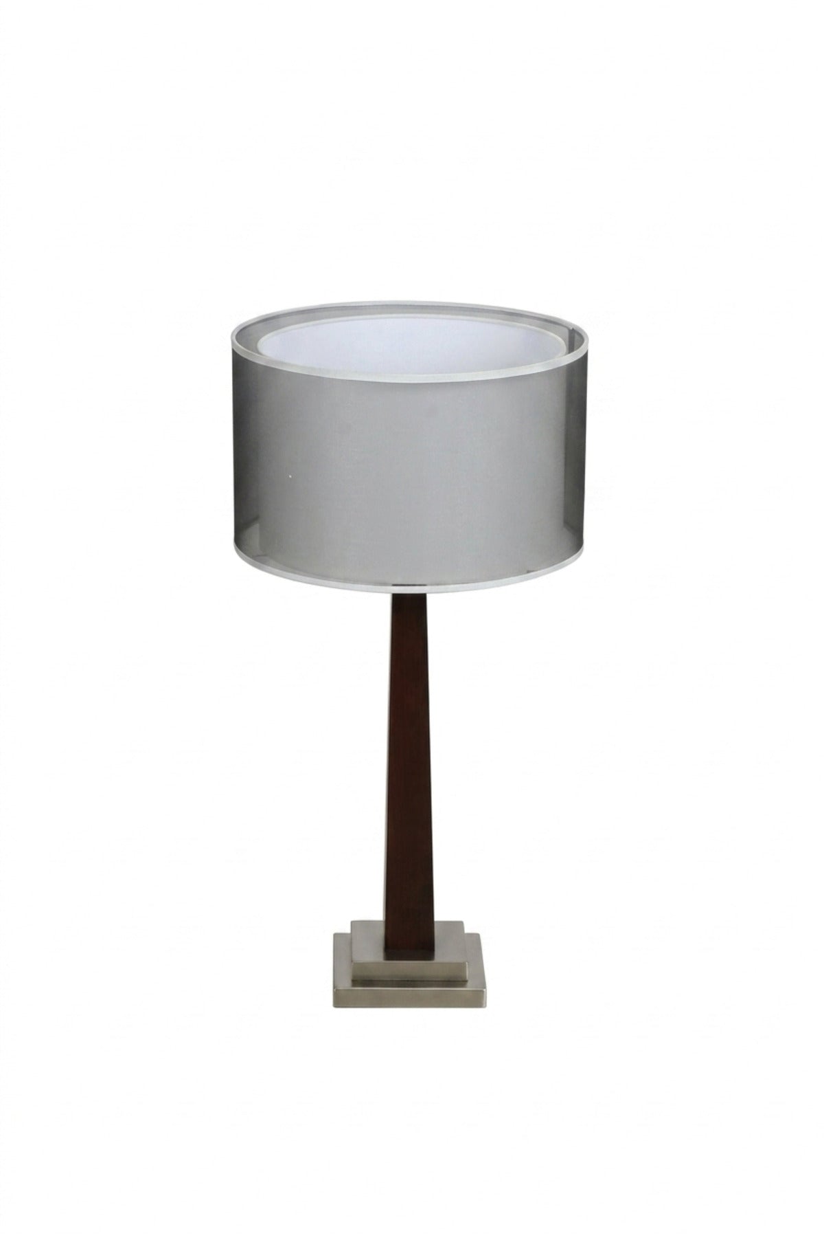 Modern Wooden Table Lamp with Grey Double Layer Drum Shade, Slim Tapered Base and Silver Tone Accents for Bedroom, Living Room, Office and Hotel