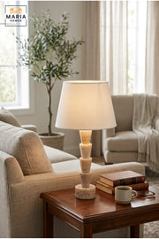 Luxury Sculptural Marble Table Lamp with White Fabric Shade and Geometric Stacked Base for Bedroom, Living Room, Office, Hotel and Bedside Décor