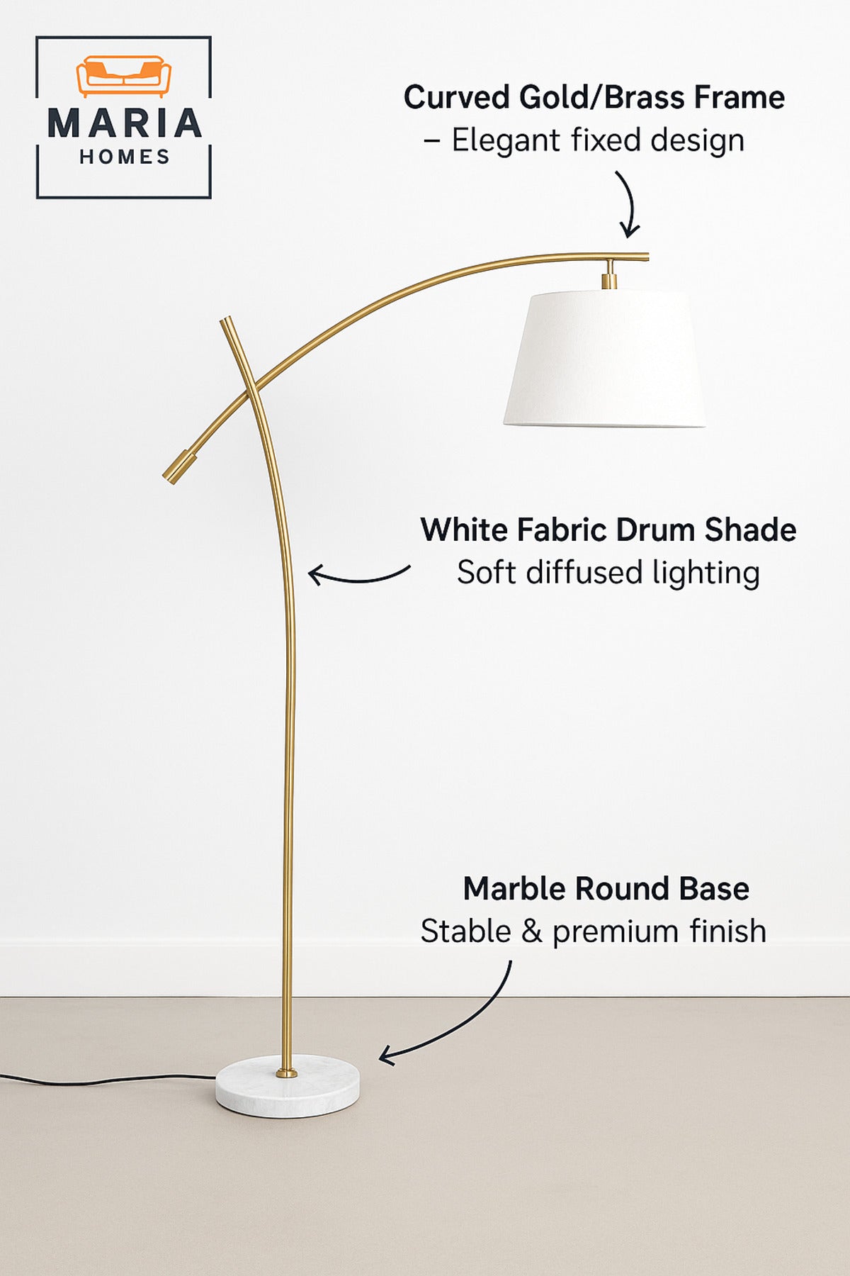 Modern Gold Floor Lamp with White Fabric Shade Ð Elegant Standing Light