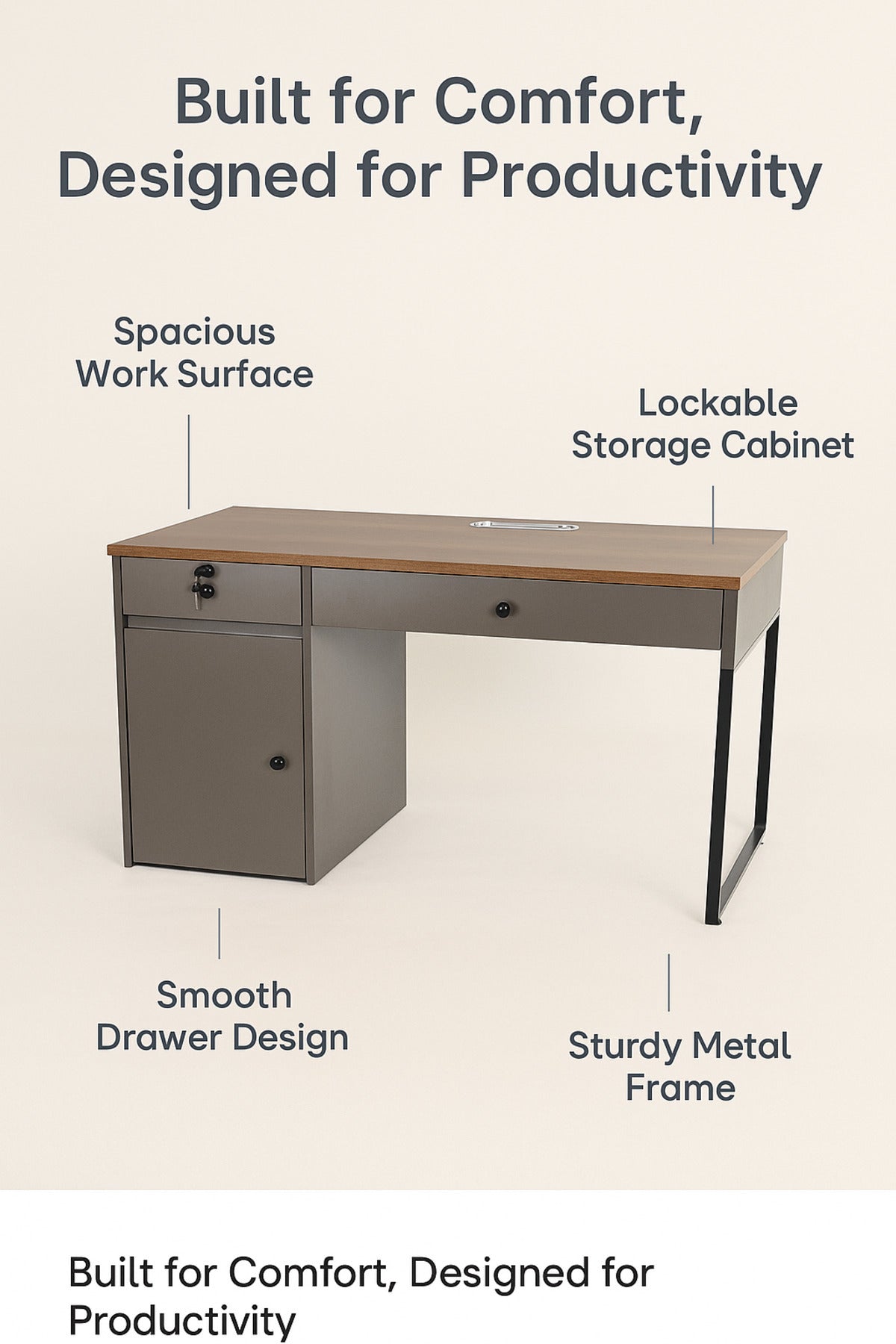 Modern Office Desk 120_60x75 cm Ð Gray + Walnut Table with Drawer & Storage Cabinet
