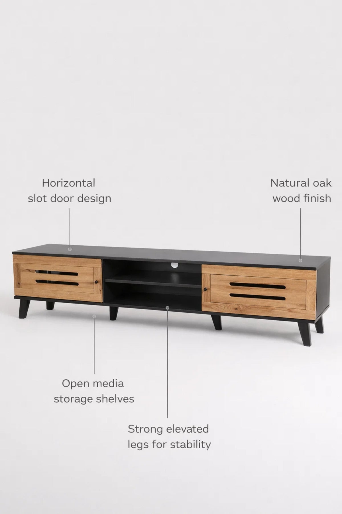 Modern Wooden TV Stand Black with Oak Front Panels 180 x 40 x 43 cm