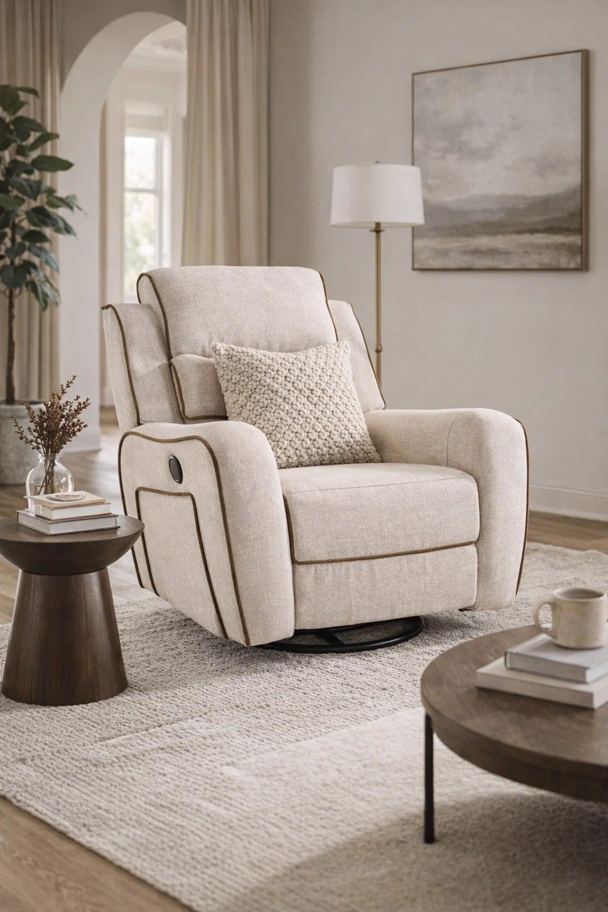 Elegant Beige Swivel Rocking Armchair with Contrast Trim for Modern Living Room Comfort and Style