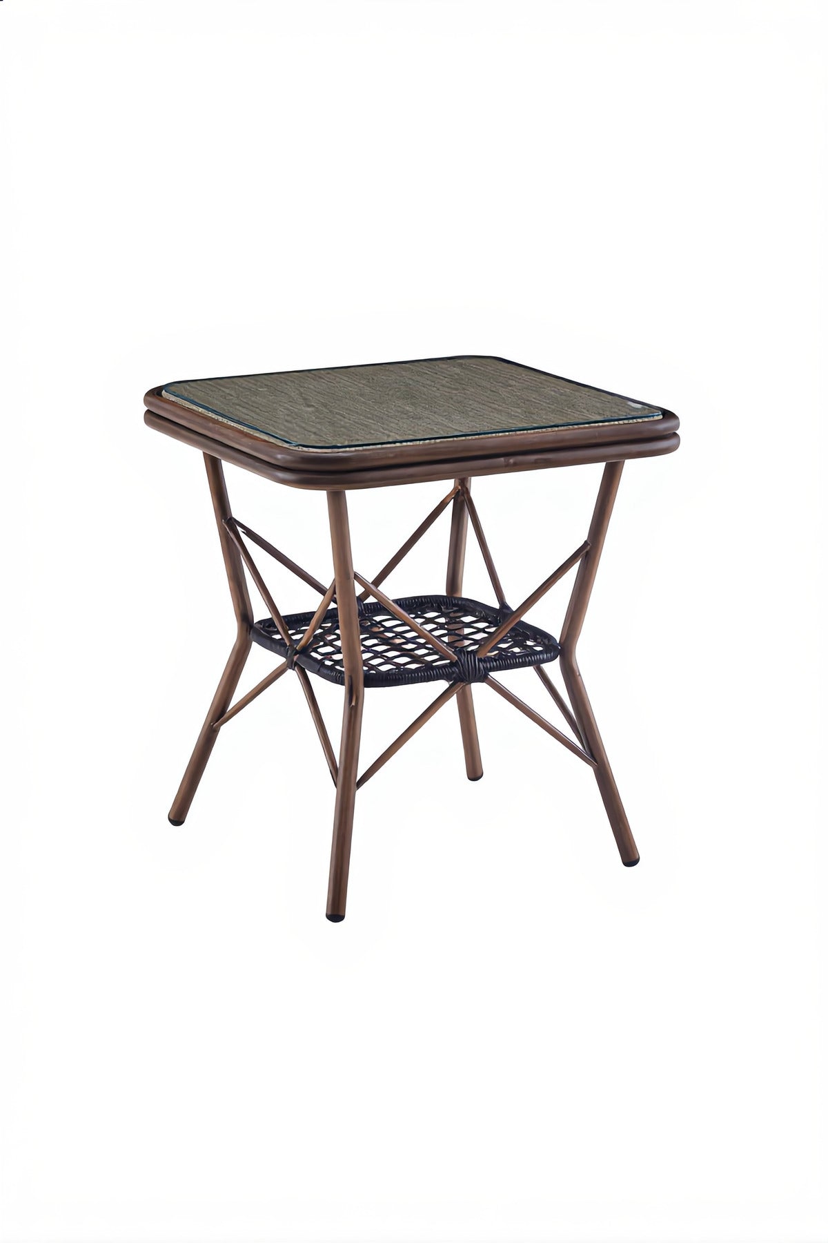 Modern Beige&Coffee Square Side Table with Marble-Effect Top & Metal Cross Base