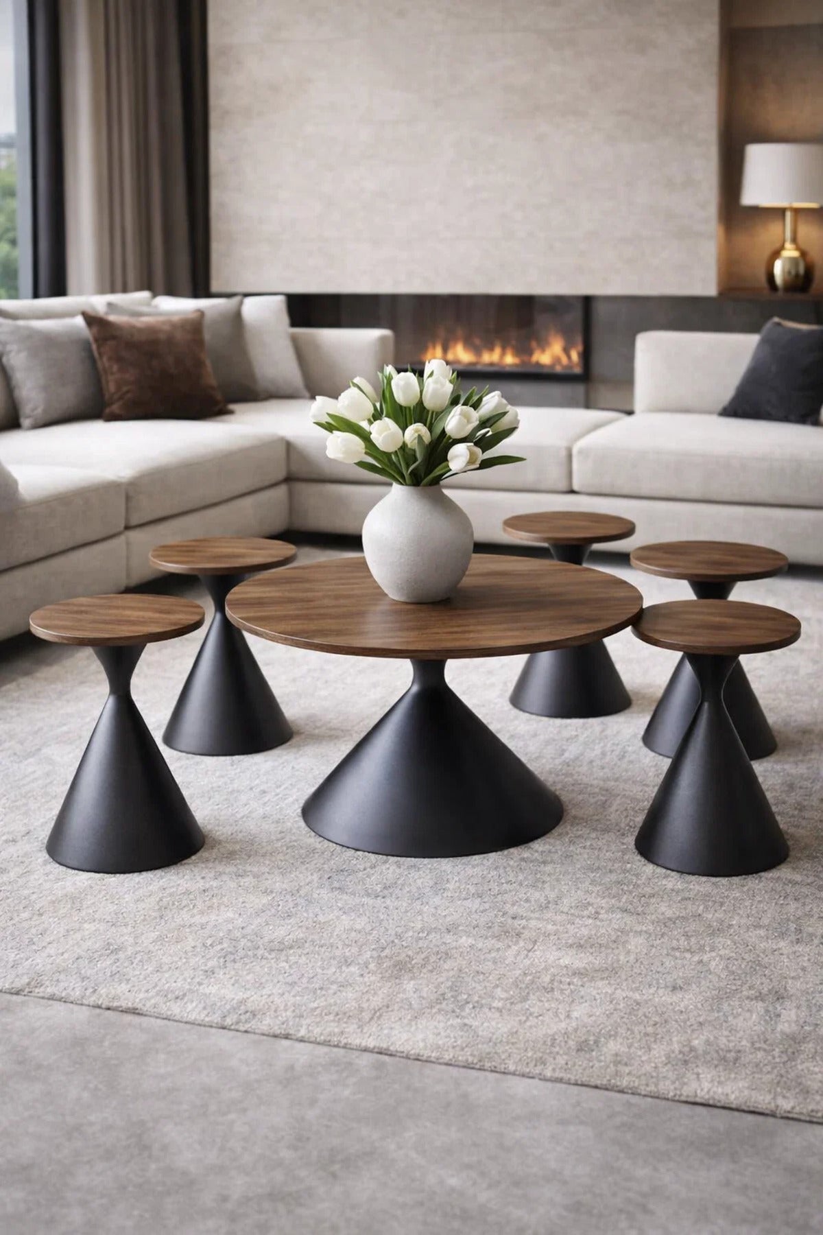 Modern 7-Piece Coffee Table Set Walnut Round Center Table and 6 Side Stands Living Room Decor