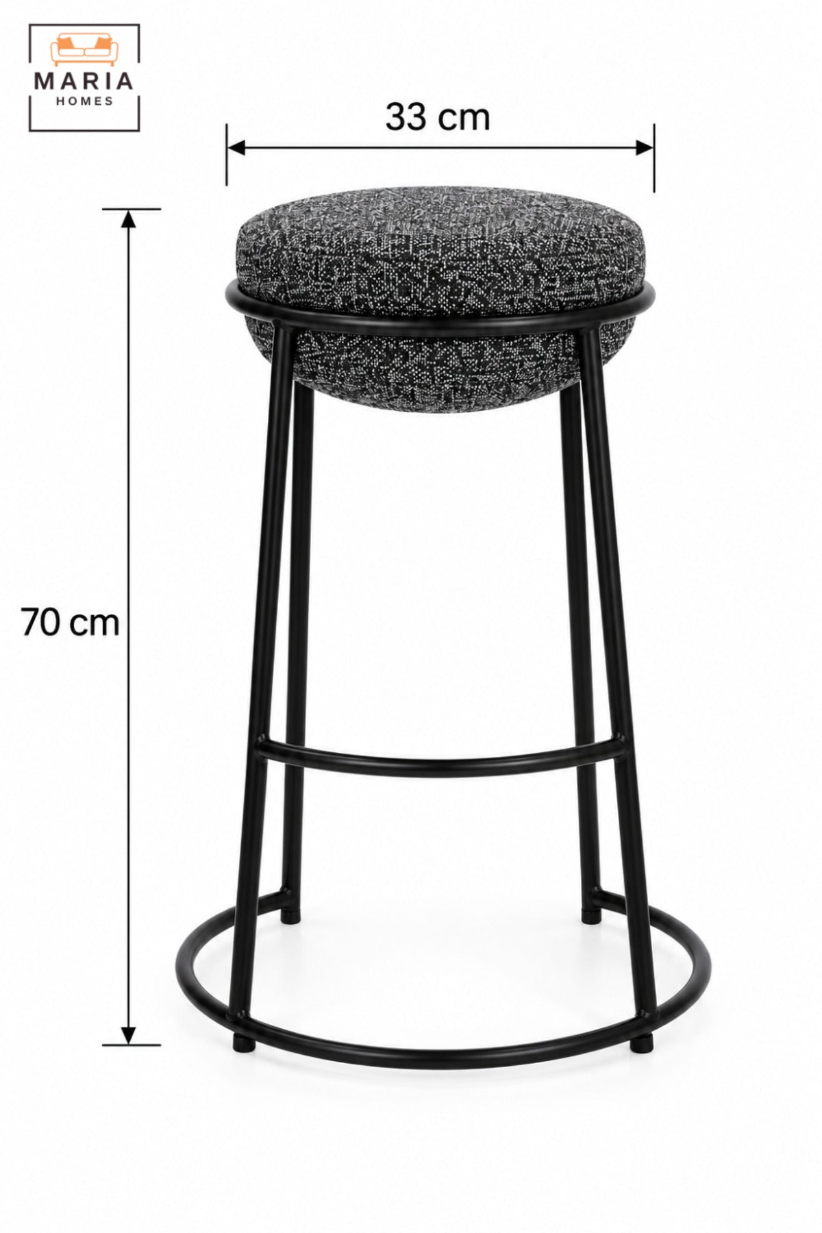 Modern Round Bar Stool with Padded Fabric Seat & Circular Footrest | Grey Upholstered High Counter Chair with Slim Black Frame for Kitchen and Café 70x33cm