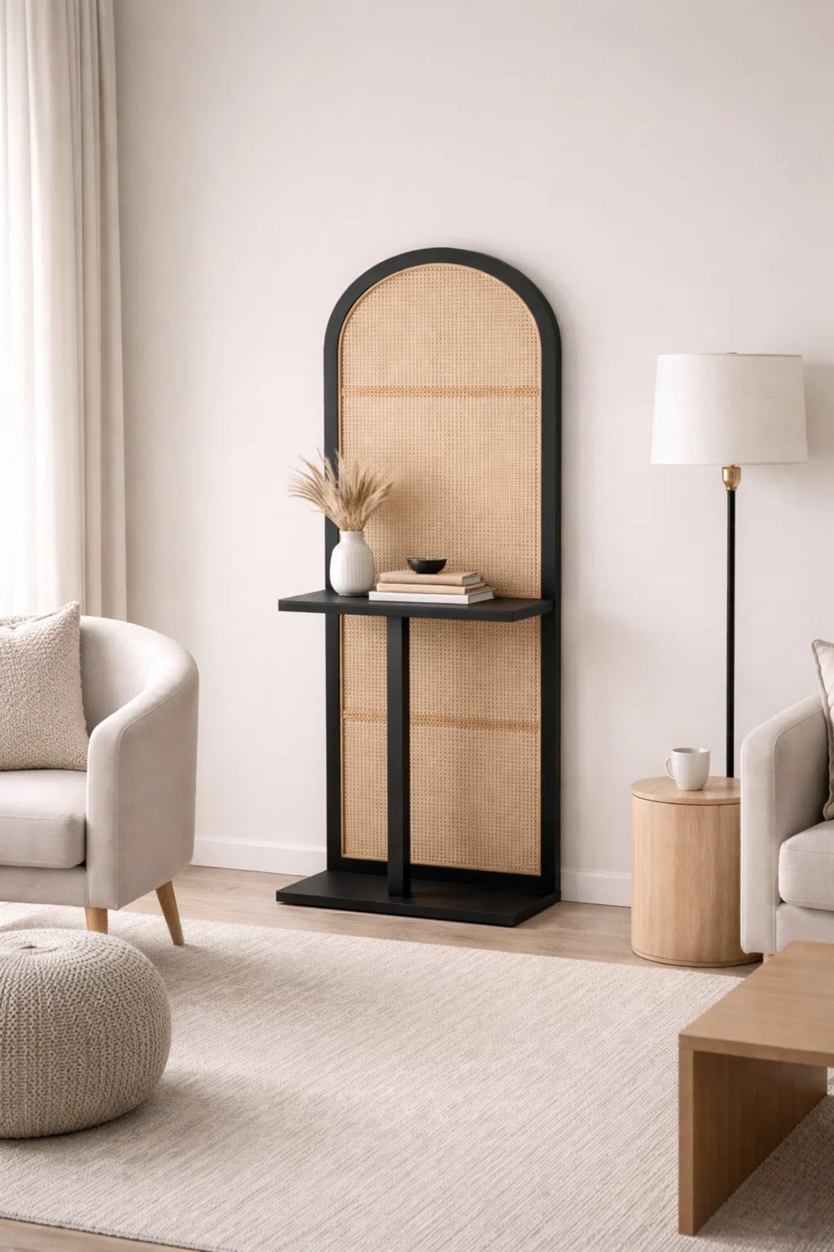 Modern Arched Orginizer Rack with Cane Panel and Black Wood Frame