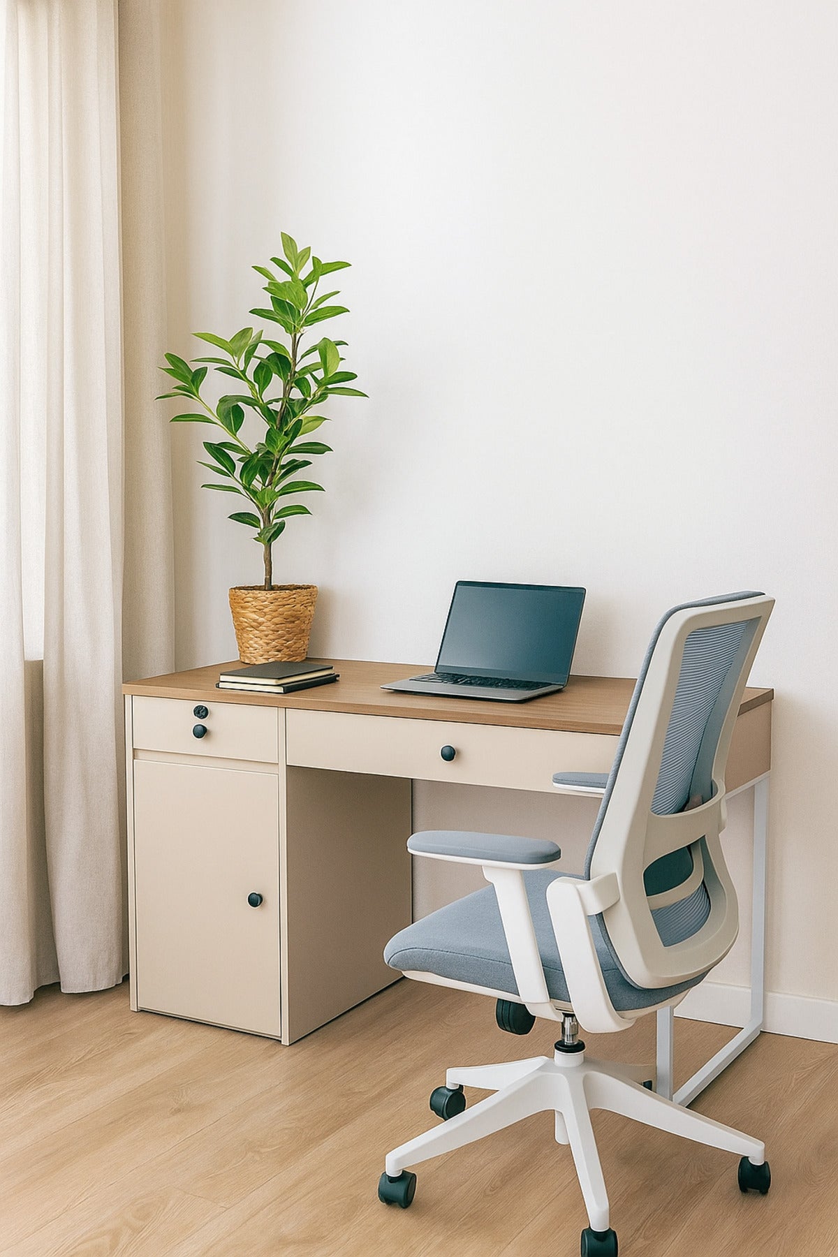 White & Wood Office Desk 120_60x75 cm Ð Modern Work Table with Drawer, Cabinet & White Legs