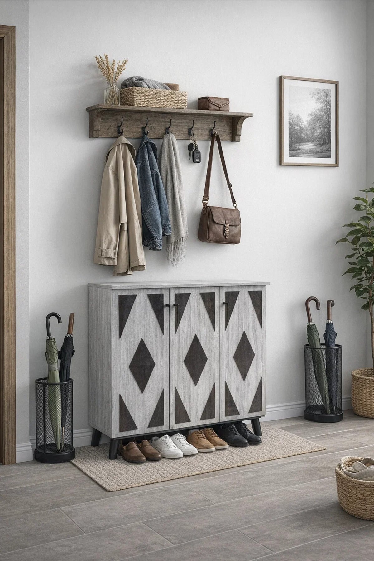 Modern 3-Door Shoe Cabinet with Geometric Pattern Grey Wood Finish for Stylish Home Entryway Decor