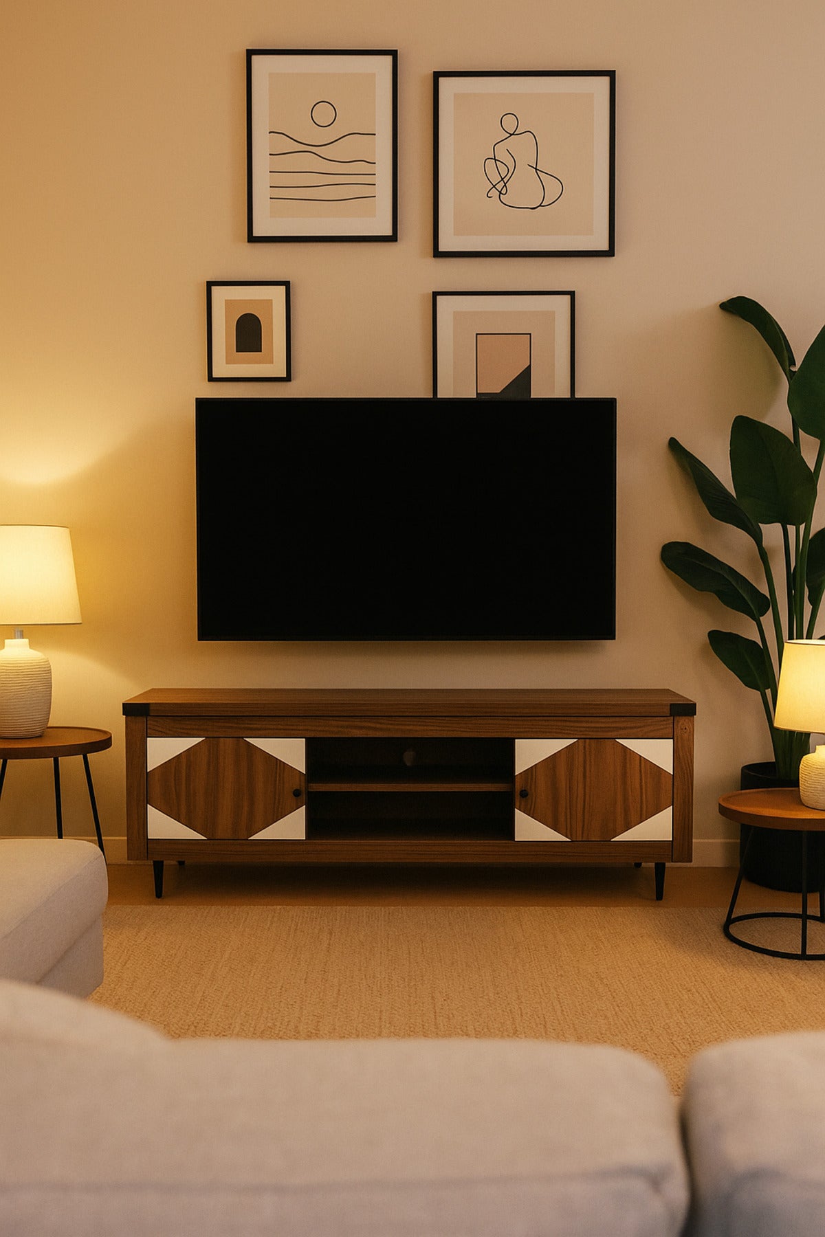 Modern Walnut TV Cabinet 160_39.5_55 cm Wooden Entertainment Unit with Geometric White Doors