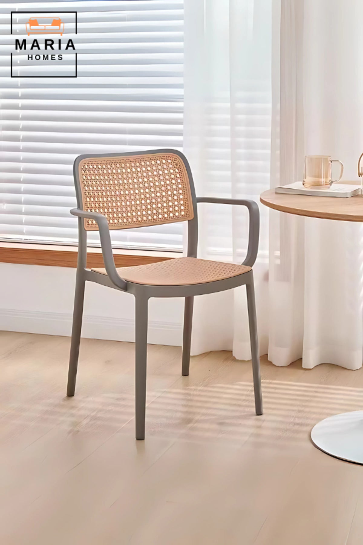 Modern Rattan-Style Plastic Armchair White Frame Dining or Accent Chair by Maria Homes