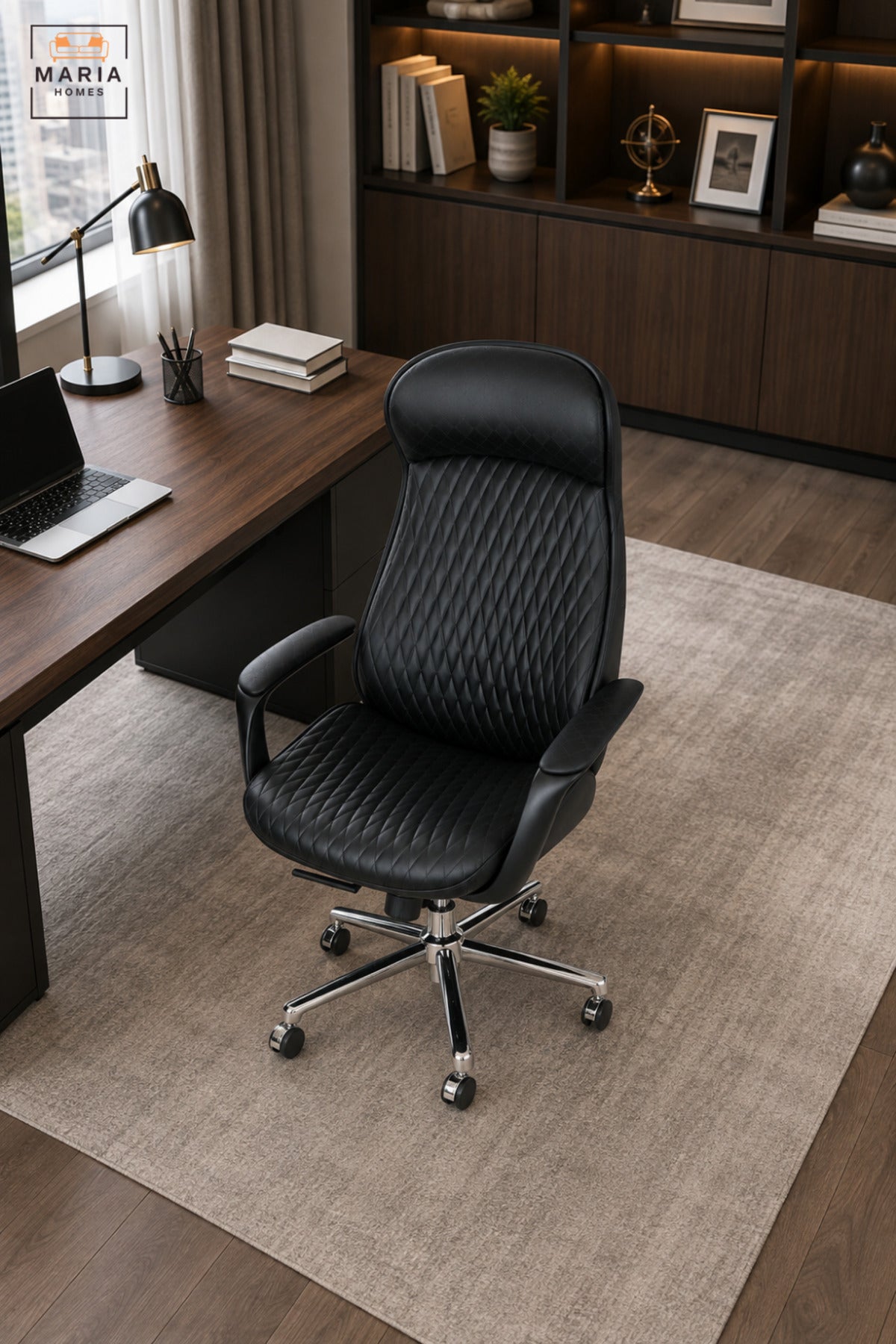 Modern Black Executive Office Chair with Quilted High Back, Padded Headrest, Armrests, Adjustable Height & Rolling Wheels for Home Office Workspace