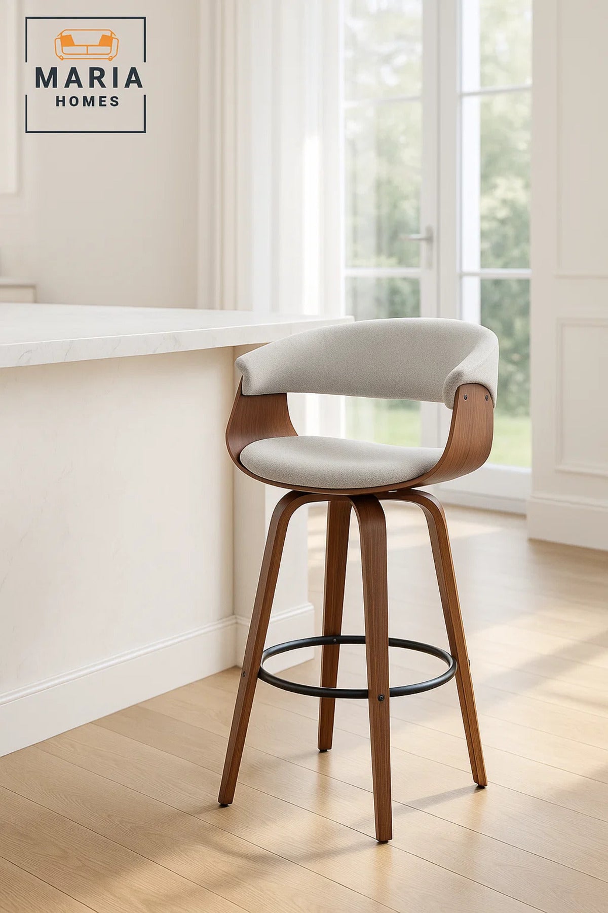 Swivel Bar Stool with Curved Wood Backrest, Metal Footrest for Kitchen & Counter