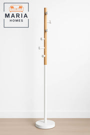 Slim Wooden Coat Rack with White Metal Base and Side Pegs