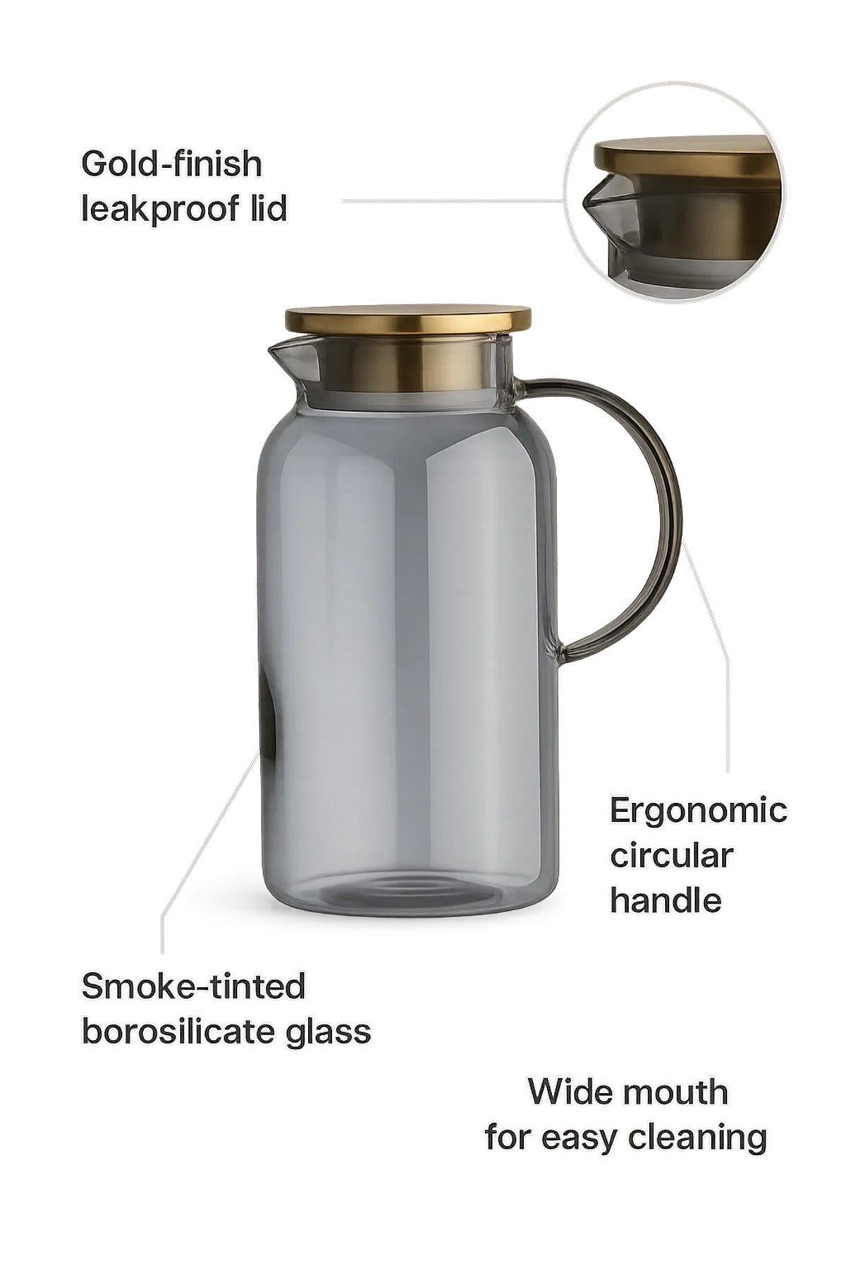 Smoky Gray Borosilicate Glass Water Pitcher with Gold-Tone Lid Ð 1.2 Liter
