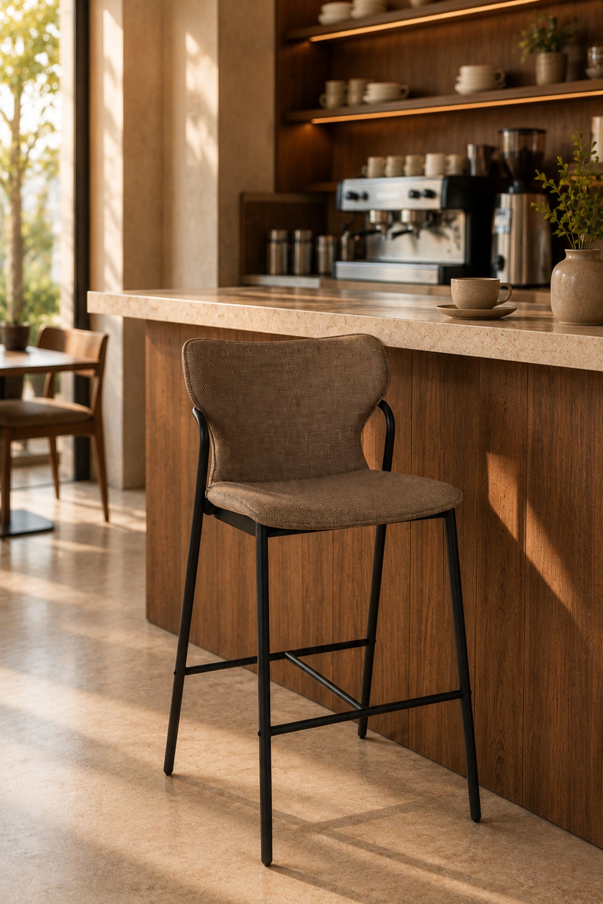 Modern Upholstered Bar Stool with Curved Backrest & Metal Frame - Counter Height Chair for Kitchen &