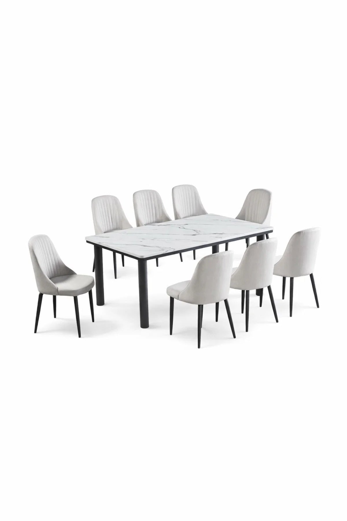 Modern 9-Piece Dining Set Faux Marble Table 180cm with 8 Light Grey Velvet Upholstered Chairs