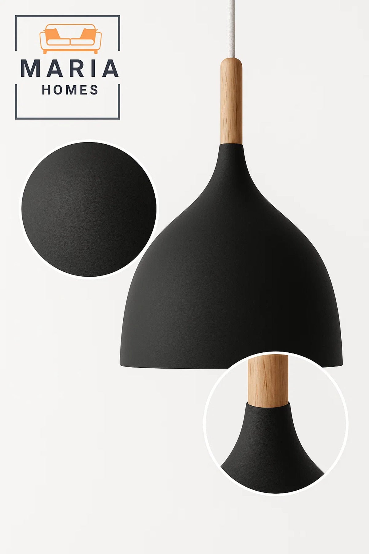 Black Matte Pendant Light with Wooden Top