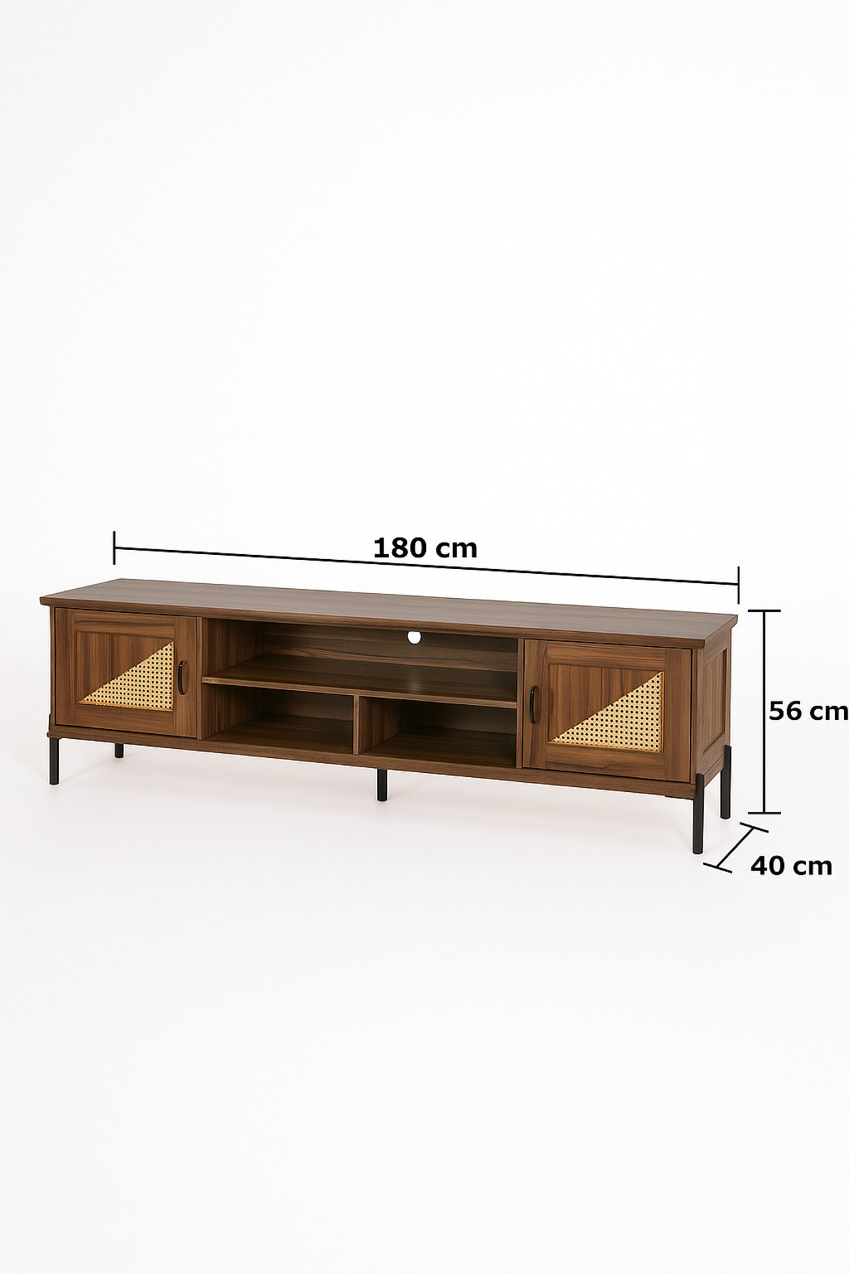 Walnut Wooden TV Stand 180_40_56 cm Ð Modern Rattan Door TV Unit with Open Shelves and Black