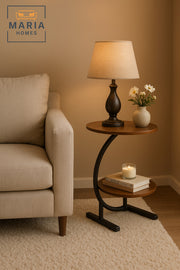 Modern Brown Round Side Table with Metal Frame Ð Two-Tier Accent Table (40_60 cm)