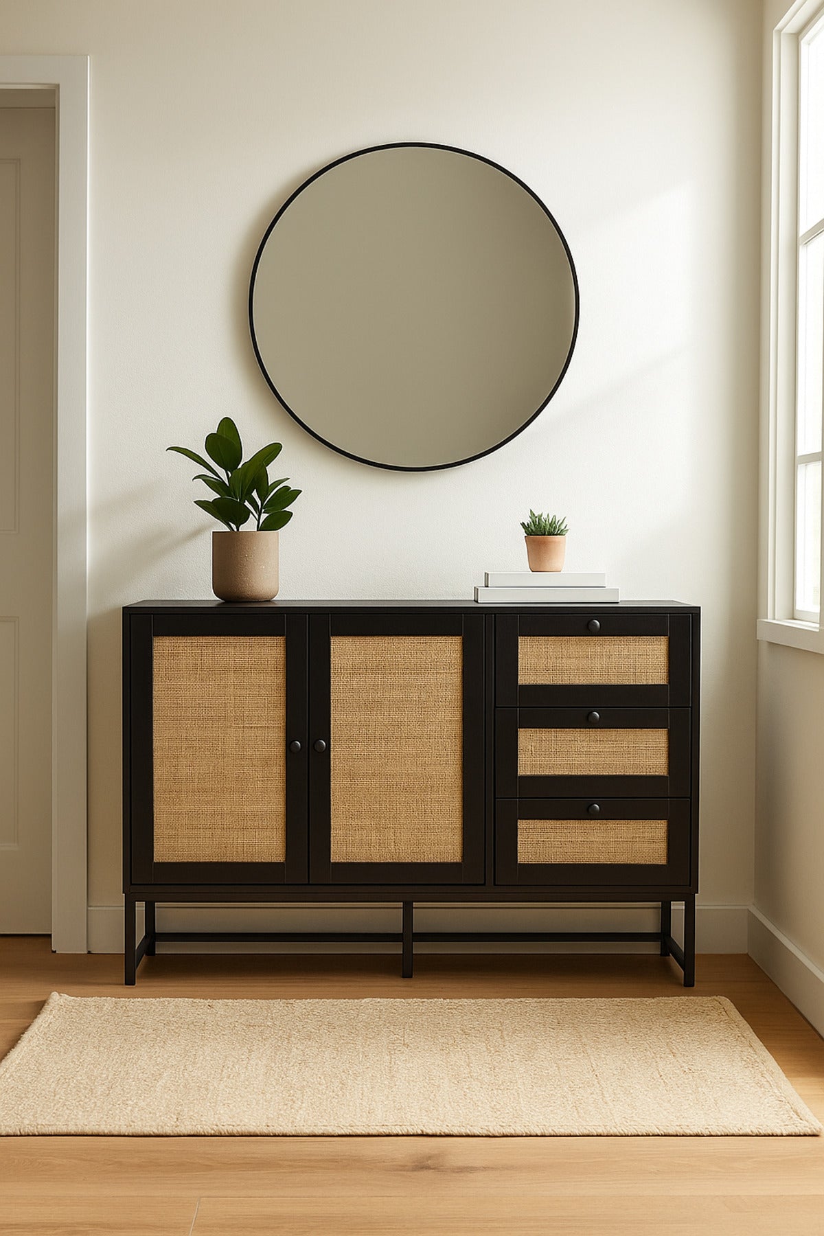 Black Rattan Console Table 120_40_85 cm Ð Modern Wooden Storage Cabinet with 2 Doors, 3 Drawers