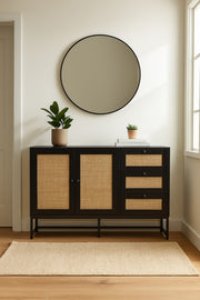 Black Rattan Console Table 120_40_85 cm Ð Modern Wooden Storage Cabinet with 2 Doors, 3 Drawers