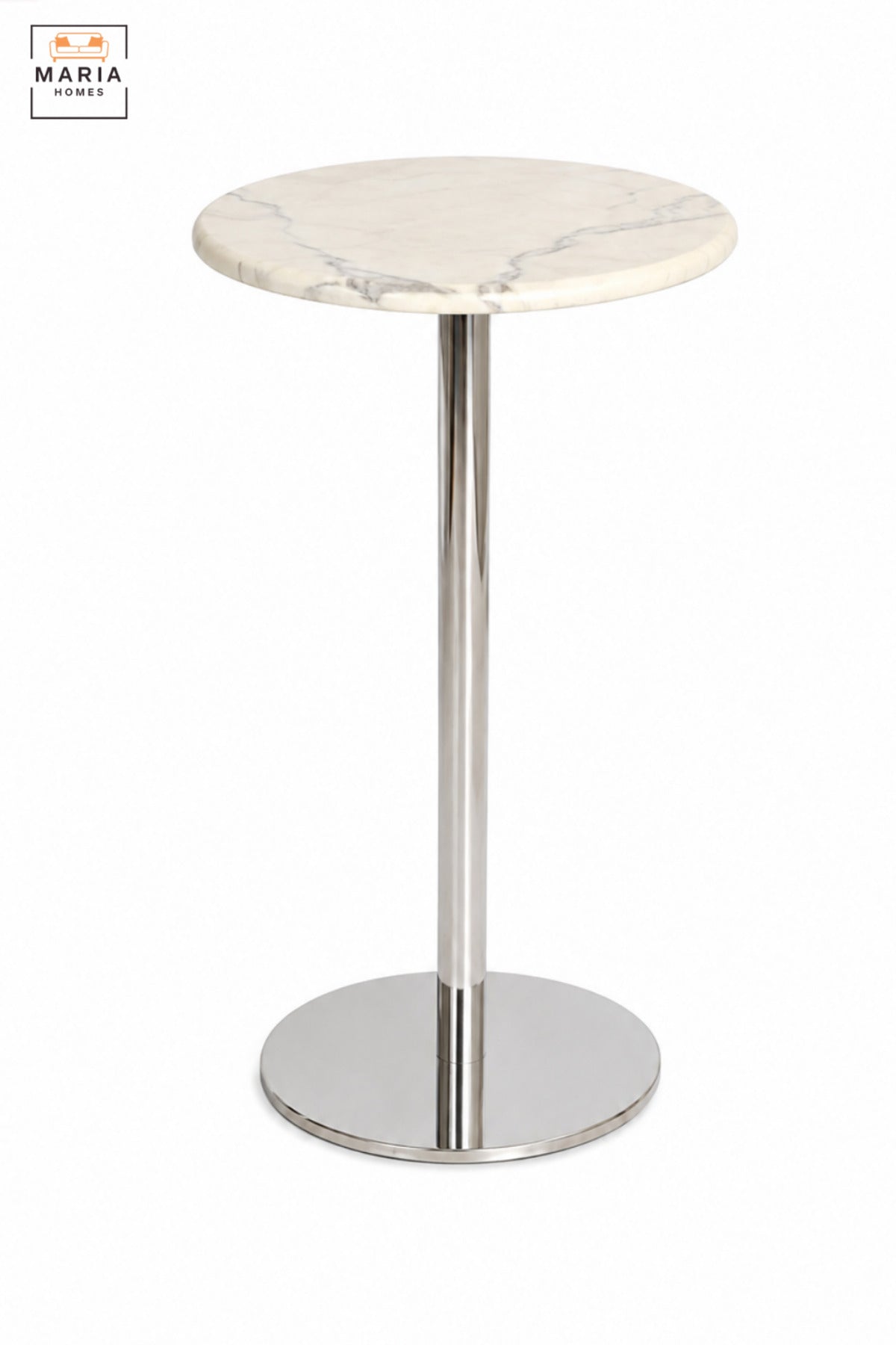 Modern Round Café Table with White Top, Polished Silver Pedestal Base & Minimalist Design, Bistro Table for Coffee Shop Restaurant Dining Area, 60 x 35 CM